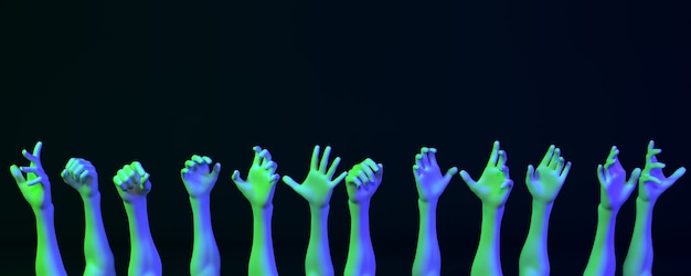 Wiele rąk w świetle neonu na ciemnym tle, ilustracja 3d