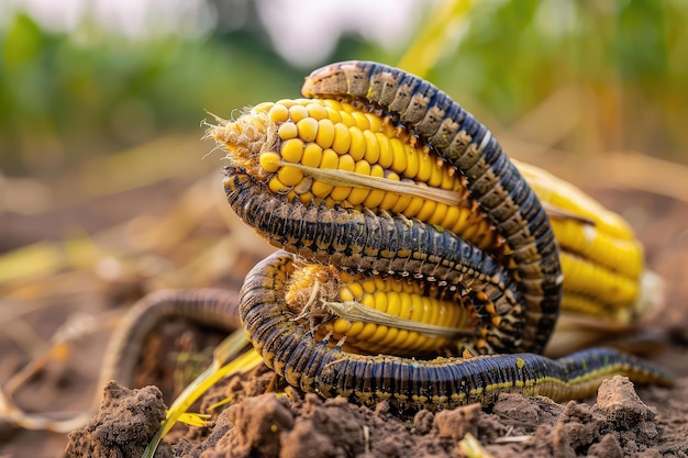 Wiele robaków zjada kukurydzę na polu kukurydzy Głodne gąsienice zjadają kukurydzę