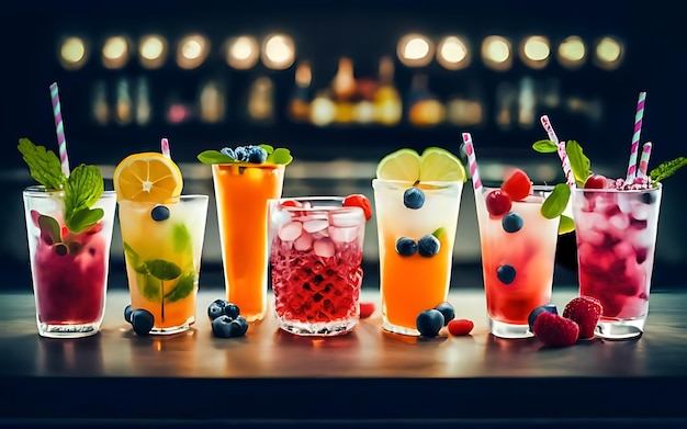Wiele różnych odświeżających kolorowych koktajli owocowych z lodem, miętą cytrynową i jagodami na barze, klubie nocnym z ilustracją napojów bezalkoholowych