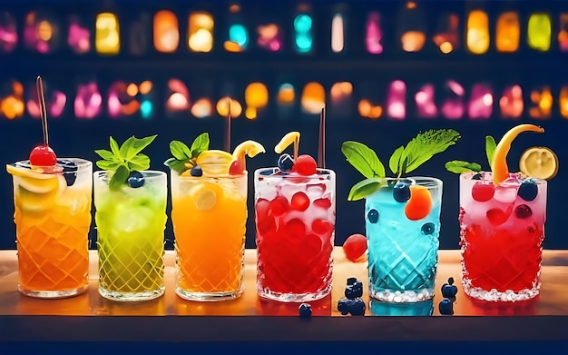 Wiele różnych odświeżających kolorowych koktajli owocowych z lodem, miętą cytrynową i jagodami na liczniku baru impreza nocnego klubu z napojami bezalkoholowymi ai wygenerowana ilustracja