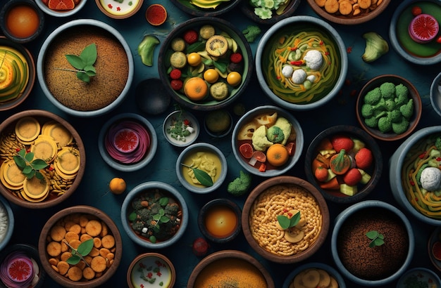 Wiele różnych potraw i potraw znajdujących się na stole z ryżem curry Generative AI