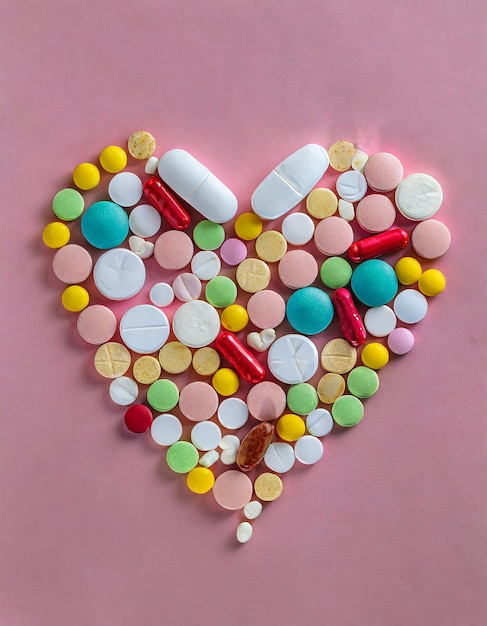 Wiele różnych tabletek i tabletek złożonych w kształt serca na różowym tle wiele tabletek