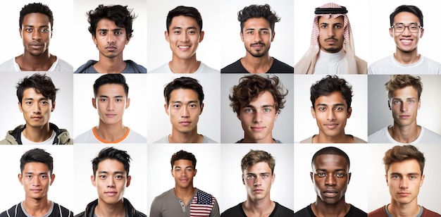 Wiele różnych zdjęć młodych mężczyzn w kolekcji kolaży Wiele wielokulturowych twarzy jest fikcyjnych