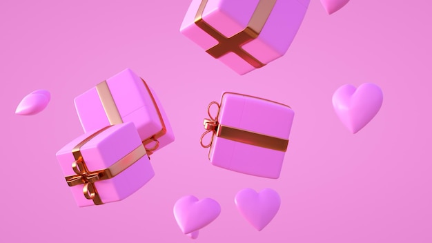 Wiele różowych prezentów unosi się w powietrzu z renderowaniem 3D serca