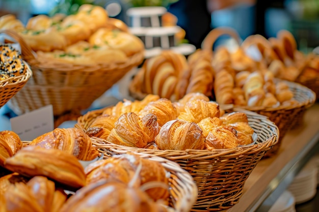 Wiele słodkich ciast w koszach na stole bufetowym Śniadania biznesowe i catering na wydarzeniach