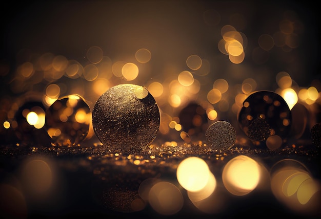 Wiele spadających złotych konfetów, błyszczących świateł bokeh, dekoracja świąteczna w tle.