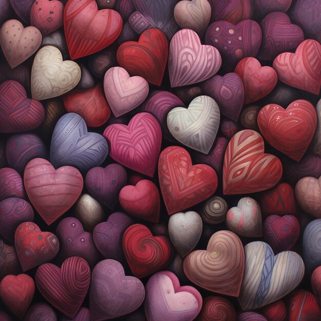 Wiele stylizowanych serc w różnych odcieniach i wzorach