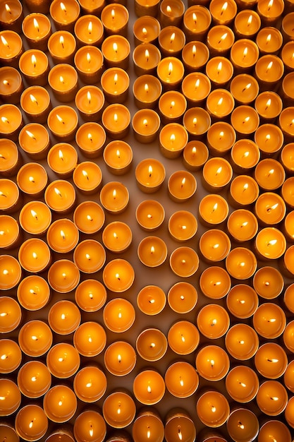 wiele świec zapala się w rzędzie z jedną z napisem „wotywne”.