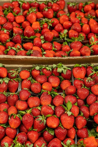 Wiele świeżych organicznych truskawek sortowanych w plastikowych pojemnikach na sprzedaż na lokalnym rynku. Widok z góry.