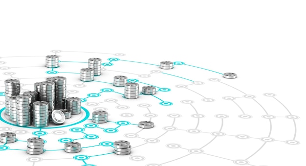 Wiele Symbolicznych Monet W Sieci Współpracy. Koncepcyjny Obraz 3d Dla Ilustracji Finansowania Społecznościowego.