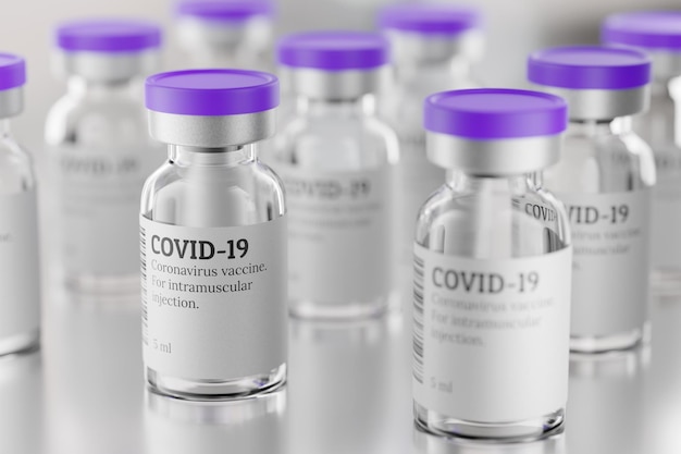 Zdjęcie wiele szklanych fiolek ze szczepionką covid19 ilustracja renderowania 3d