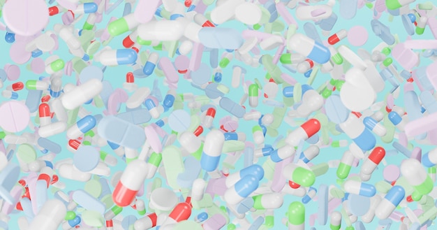 Wiele tabletek o pastelowych kolorach spada na niebieskim tle. Renderowanie 3d
