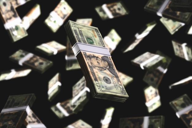 Wiele wiązek banknotów dolarowych spadających na czarnym tle renderowania 3d