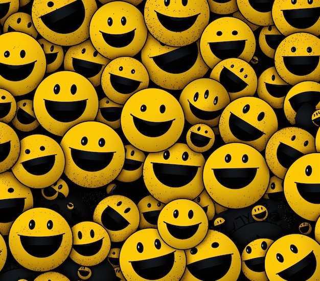 Wiele żółtych balonów z uśmiechniętymi twarzami mediów społecznościowych i tłem koncepcji komunikacji