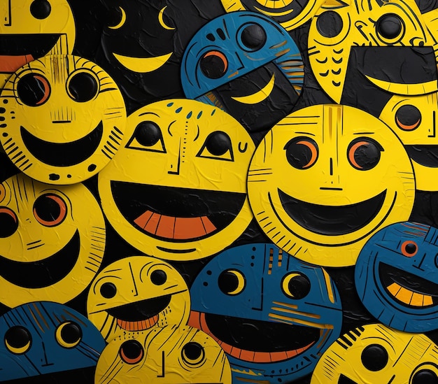 Wiele żółtych balonów z uśmiechniętymi twarzami mediów społecznościowych i tłem koncepcji komunikacji
