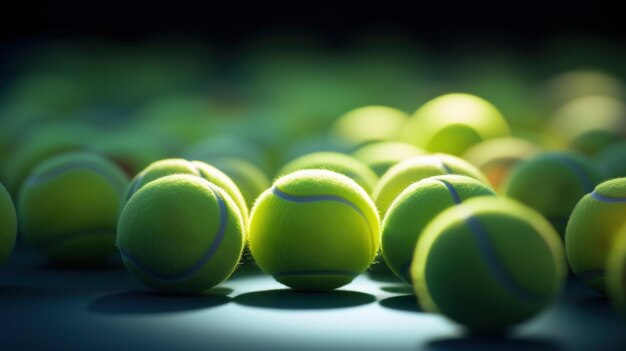 Wiele żółtych piłek tenisowych leżących na podłodze, cieniu i słońcu.