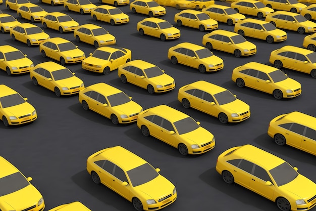 Wiele żółtych samochodów na sprzedaż generowanych przez sieć neuronową