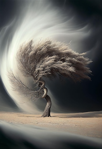 Wielka burza wiejąca wielkie drzewo na suchej pustyni w czasie suszy Utworzono za pomocą technologii generatywnej sztucznej inteligencji