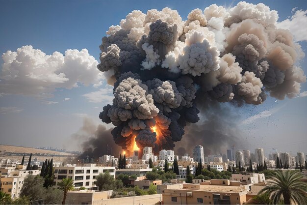 Wielka eksplozja na tle miasta w Gazie Izrael