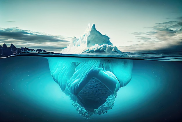 Wielka góra lodowa nad niebieskim tłem powierzchni morza Koncepcja metafory krajobrazu i biznesu Cyfrowy motyw ilustracji sztuki Generative AI