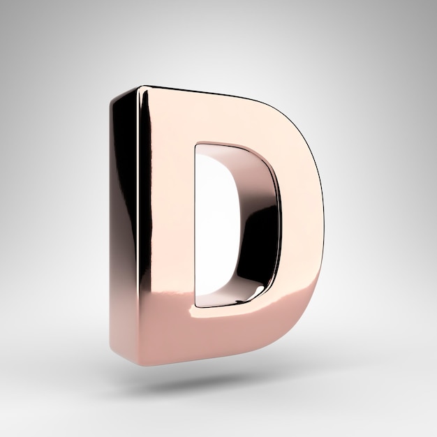 Wielka litera D na białym tle. 3D renderowana czcionka w kolorze różowego złota z błyszczącą chromowaną powierzchnią.