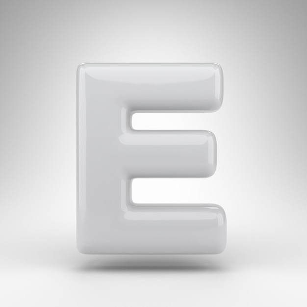 Wielka litera E na białym tle. Biała, plastikowa czcionka 3D renderowana z błyszczącą powierzchnią.