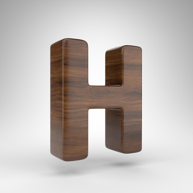 Zdjęcie wielka litera h na białym tle. ciemny dąb renderowana czcionka 3d z brązową teksturą drewna.