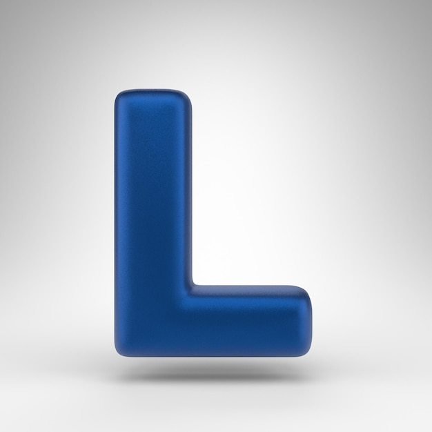 Wielka litera L na białym tle. Anodowana niebieska czcionka 3D renderowana z matową teksturą.
