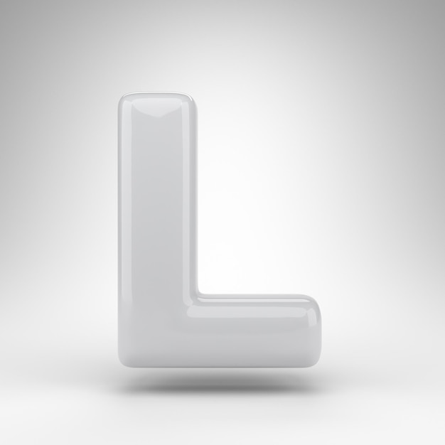 Wielka litera L na białym tle. Biała, plastikowa czcionka 3D renderowana z błyszczącą powierzchnią.