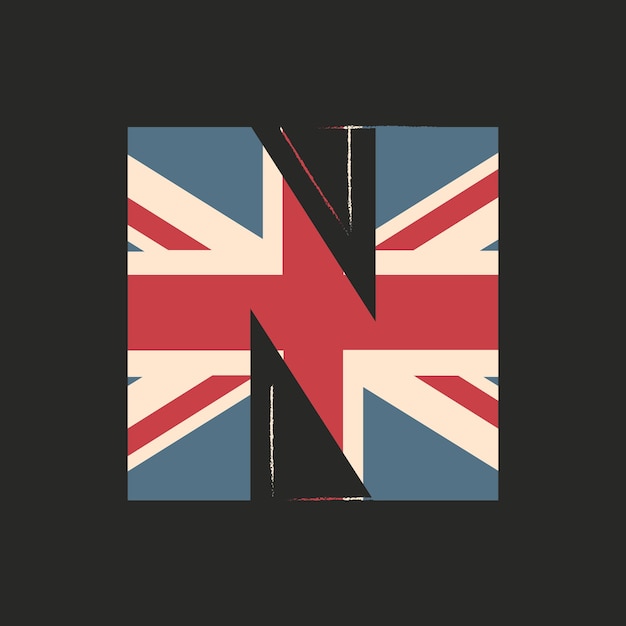 Wielka litera N 3d z teksturą flagi Wielkiej Brytanii na białym tle na czarnym tle Ilustracja wektorowa Element projektu Alfabet dla dzieci Wielka Brytania patriotyczna czcionka