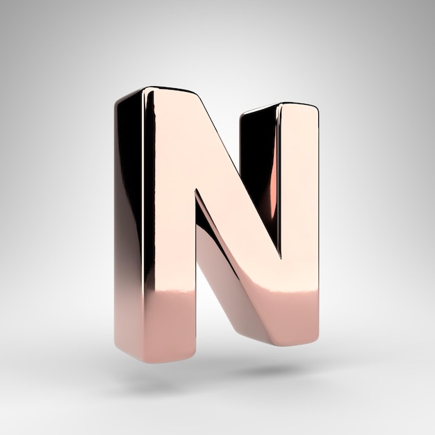 Wielka litera N na białym tle. 3D renderowana czcionka w kolorze różowego złota z błyszczącą chromowaną powierzchnią.