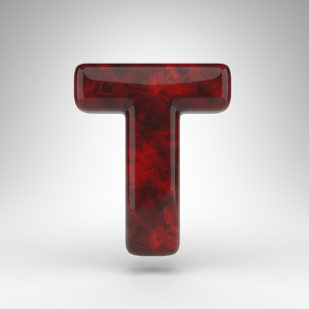 Wielka litera T na białym tle. Czerwony bursztynowy list 3D z błyszczącą powierzchnią.
