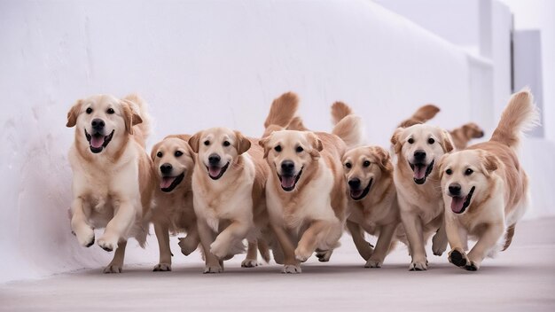 Wielka rodzina angielskich kremowych golden retrieverów pozujących