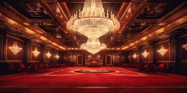 Wielka sala balowa z luksusowym żyrandolem, który tworzy bogatą i wyrafinowaną atmosferę