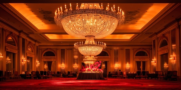 Wielka sala balowa z luksusowym żyrandolem, który tworzy bogatą i wyrafinowaną atmosferę