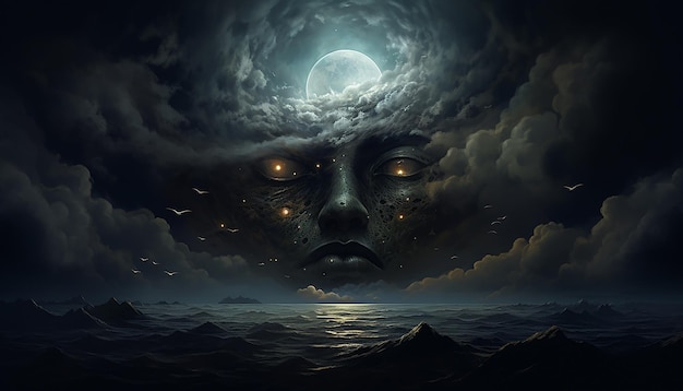 Wielka twarz w nocy ciemne chmury pokrywają połowę horyzontu księżycowego, gwiaździstego nieba
