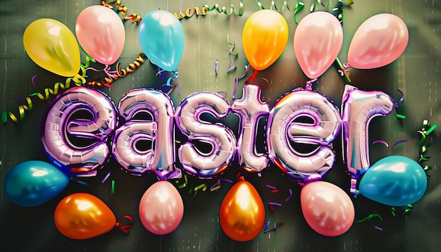 Wielkanoc Słowa wykonana z kolorowych nadmuchiwanych balonów balonów z folii heliowej tworzących wielkanoc słów