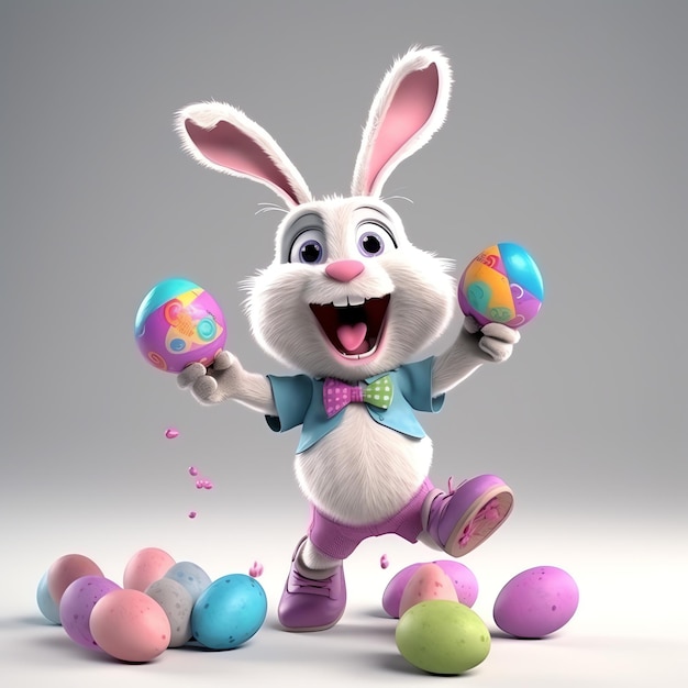 Wielkanoc z kreskówkowym uroczym, szczęśliwym króliczkiem trzymającym kolorowe jajko lub śmiejący się bukiet. Dekoracja wielkanocna