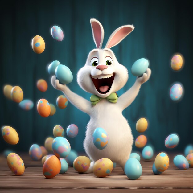 Zdjęcie wielkanoc z kreskówkowym uroczym, szczęśliwym króliczkiem trzymającym kolorowe jajko lub śmiejący się bukiet. dekoracja wielkanocna