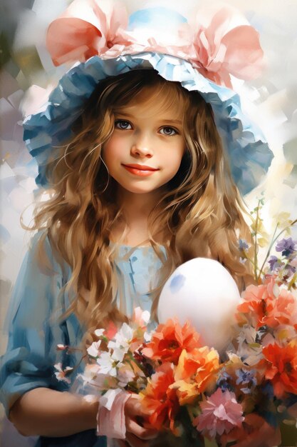 Wielkanocna akwarela przedstawiająca młodą dziewczynę z kwiatami i jajami malowana w pastelowych kolorach