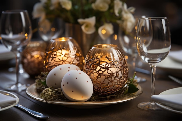 Wielkanocna biała i złota kompozycja na świątecznym wielkanocnym stole
