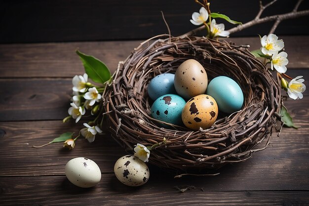 Wielkanocna ciemna rustyczna życiowa kartka z jajkami przepiórki w gnieździe i kwitnącą gałązką wiśni Ciemne drewniane tło Czas świąt wielkanocnych