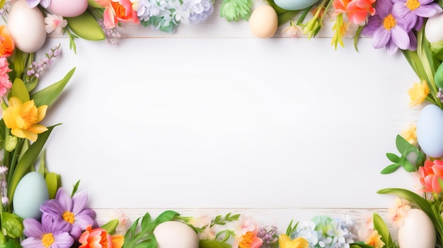 Zdjęcie wielkanocna kartka z ramką z jajkami i kwiatami wielkanocy kompozycja z jajkami z przestrzenią dla tekstu