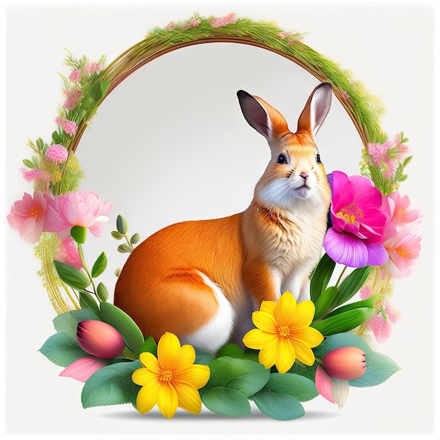 Wielkanocna kompozycja kwiatowa z wiosennymi kwiatami i króliczkiem wielkanocnym na przezroczystym tle PNG