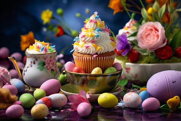 Zdjęcie wielkanocna kompozycja z jajkami i ciastkami na kolorowych
