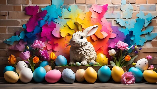 Wielkanocna kompozycja z kolorowymi jajkami królika i kwiatami na tle ceglanej ściany
