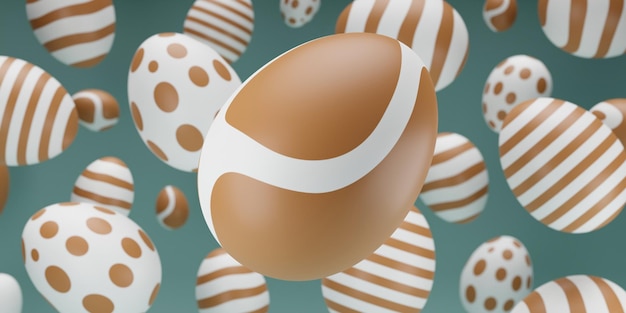 Wielkanocna kompozycja z lewitacją renderowania 3d złote jajko Wesołych świąt kreatywny baner z spadającymi jajkami na zielonym tle 3d render ilustracyjny z selektywną ostrością