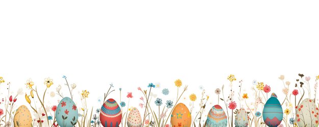 Zdjęcie wielkanocna linia artystyczna baner z kolorowymi jajkami trawą i kwiatami z pustym miejscem do kopiowania