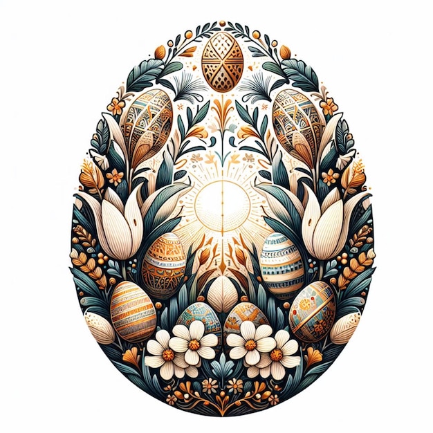 Wielkanocna ramka ozdobiona delikatnie ozdobionymi jajkami i kwiatami na białym tle
