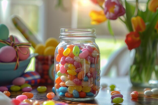 Wielkanocna rozkosz Jar Mason przepełniony tęczą kolorowe jelly beans na święta